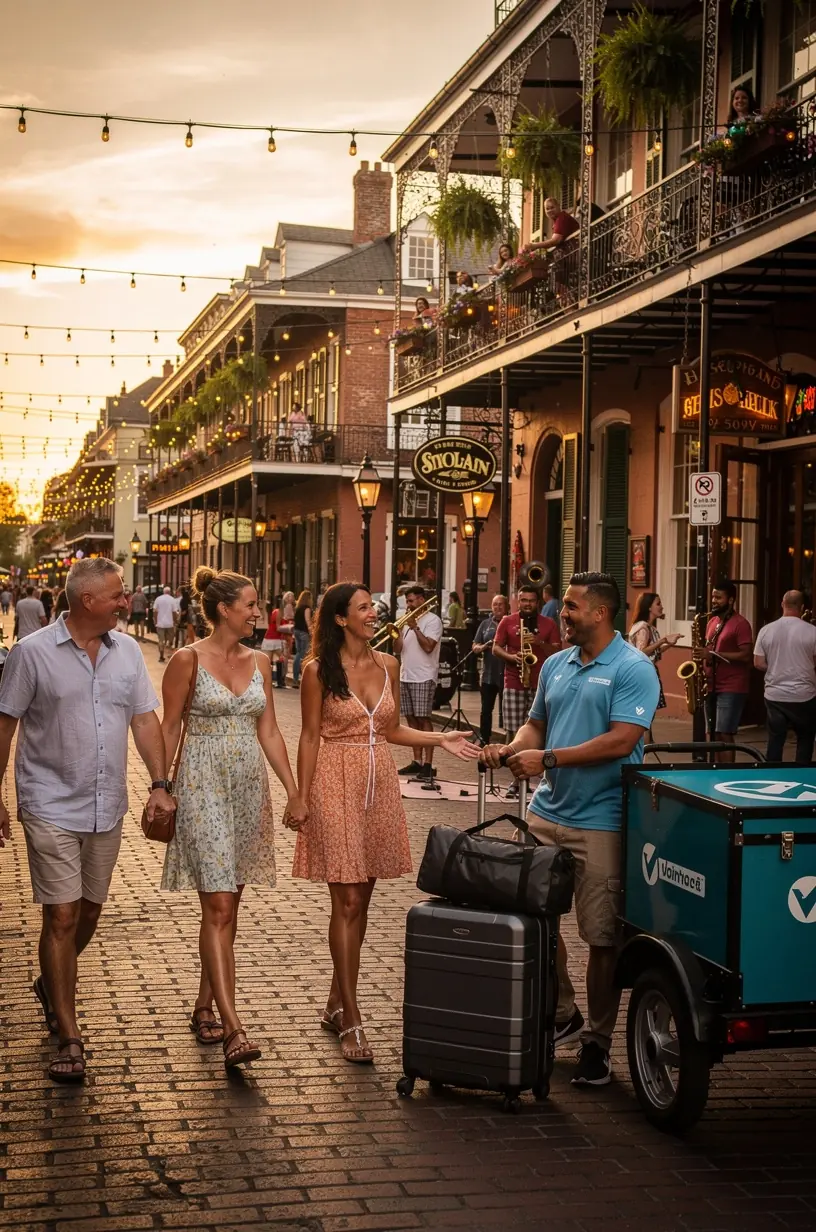 Путешественник в центре города США без багажа, наслаждающийся осмотром достопримечательностей. Курьер с фирменной сумкой компании доставляет багаж клиента прямо в отель. Водитель службы доставки аккуратно загружает чемоданы в автомобиль на фоне городских небоскребов. Турист получает уведомление на смартфон о своевременной доставке багажа в выбранную точку. Карта маршрута службы доставки с отметками отелей и популярных туристических мест. Сотрудник службы поддержки консультирует клиента по вопросам безбагажного туризма и доставки багажа.